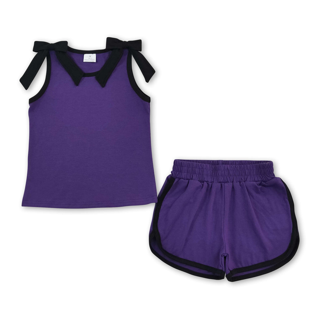 Sleeveless black bow purple top shorts girls outfits