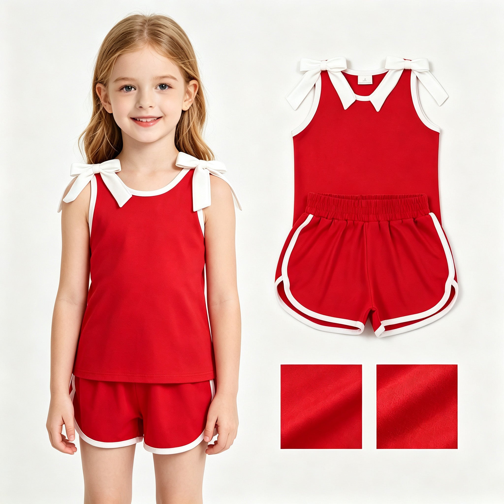 Sleeveless white bow red top shorts girls team outfits