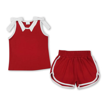 Sleeveless white bow red top shorts girls team outfits