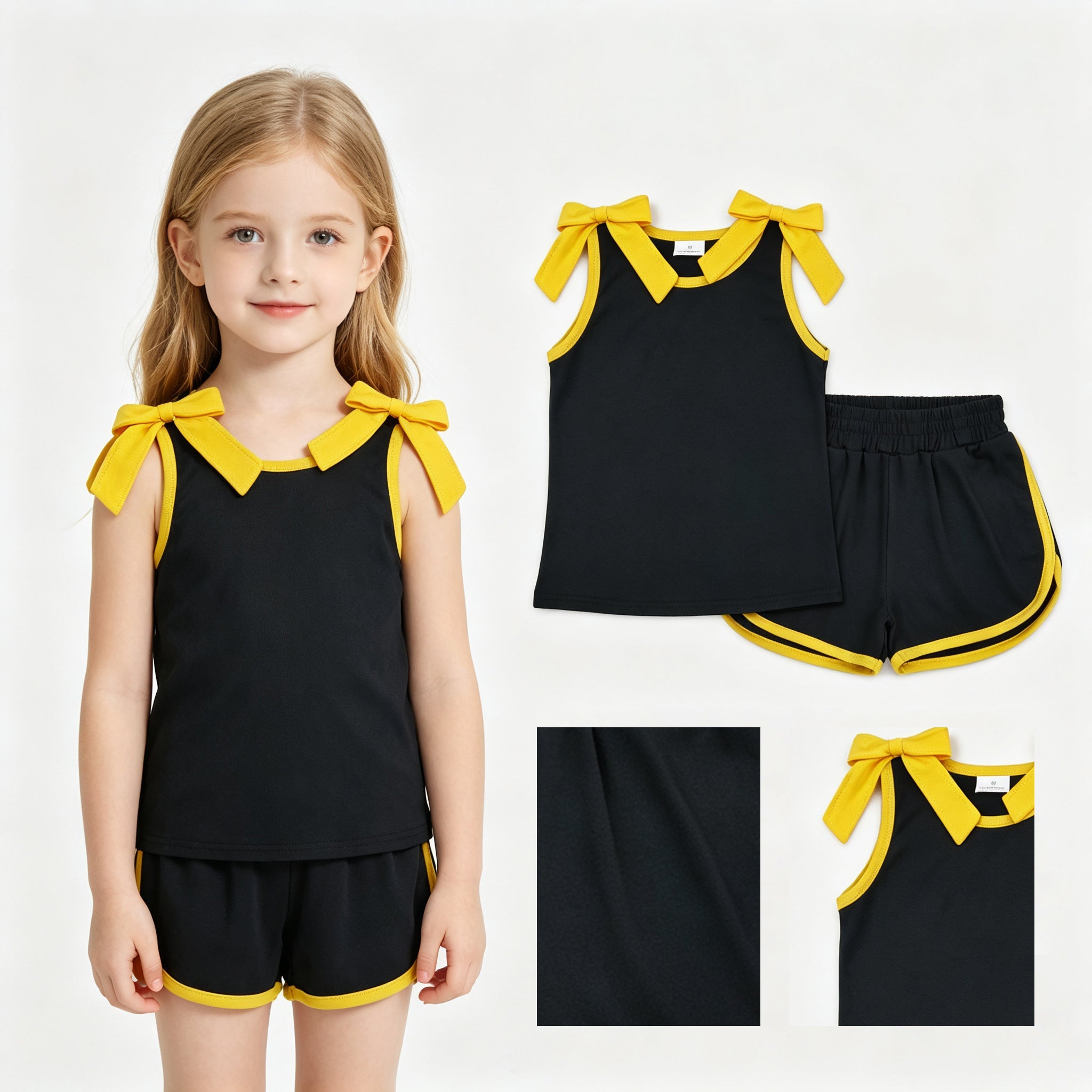 Sleeveless gold bow black top shorts girls team outfits