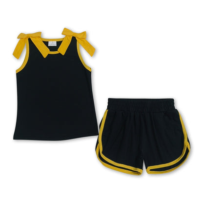 Sleeveless gold bow black top shorts girls team outfits