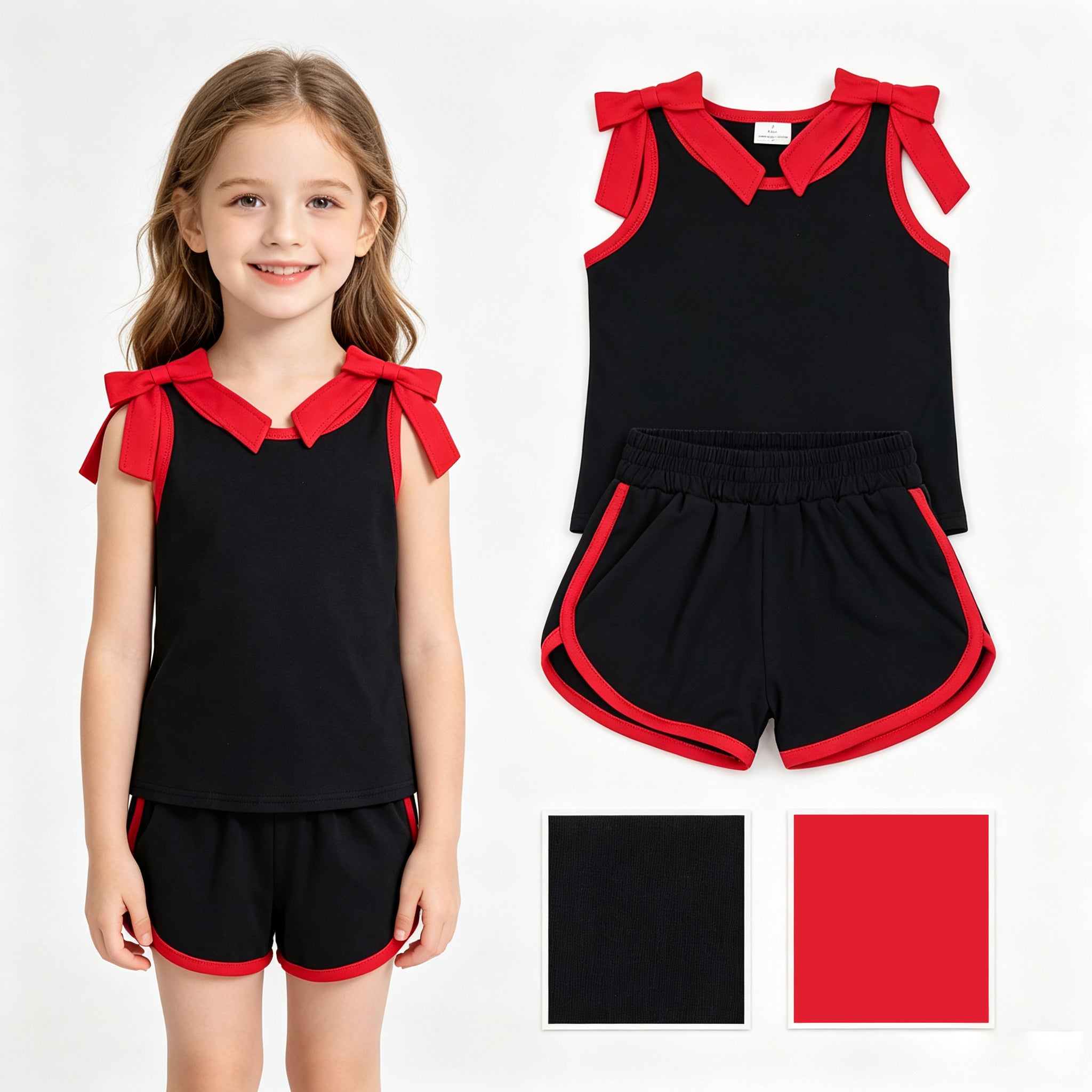 Sleeveless red bow black top shorts girls team outfits