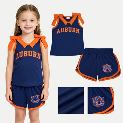 Sleeveless orange bow navy top shorts A U team girls outfits