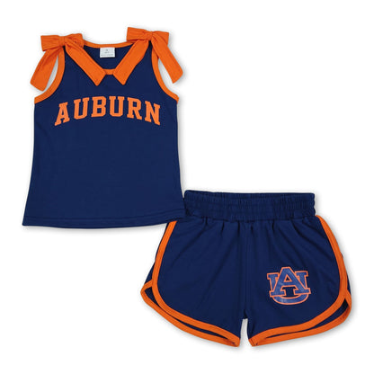 Sleeveless orange bow navy top shorts A U team girls outfits