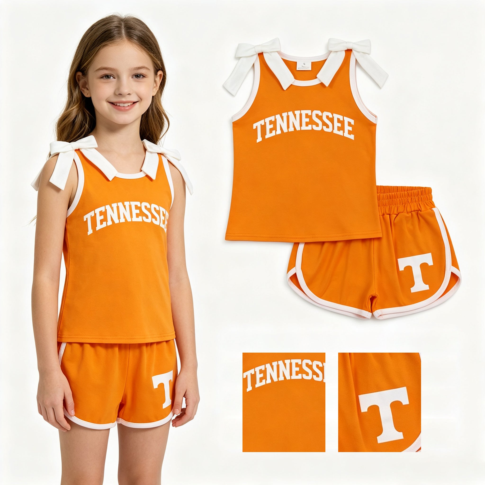 Sleeveless white bow orange top shorts T team girls outfits