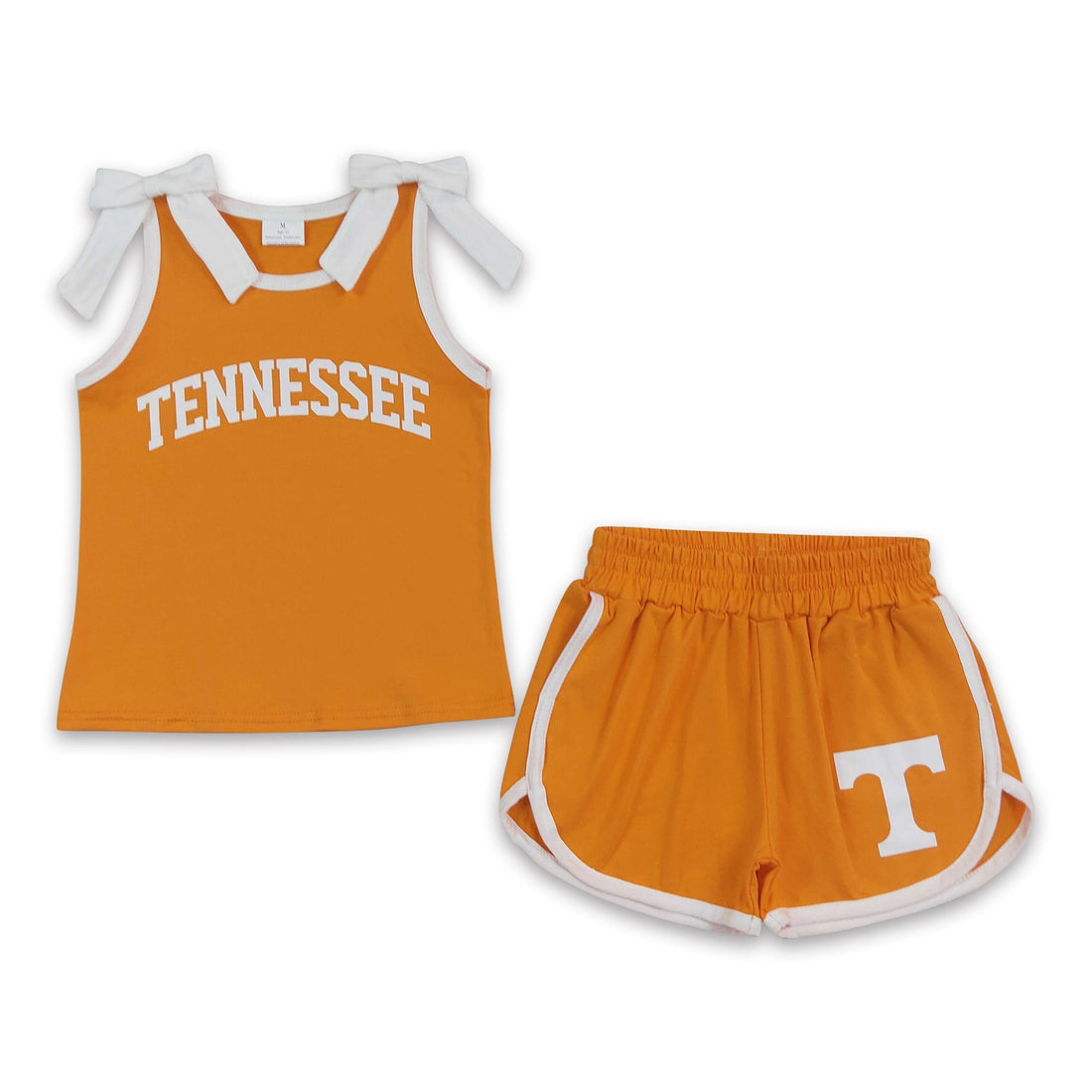 Sleeveless white bow orange top shorts T team girls outfits