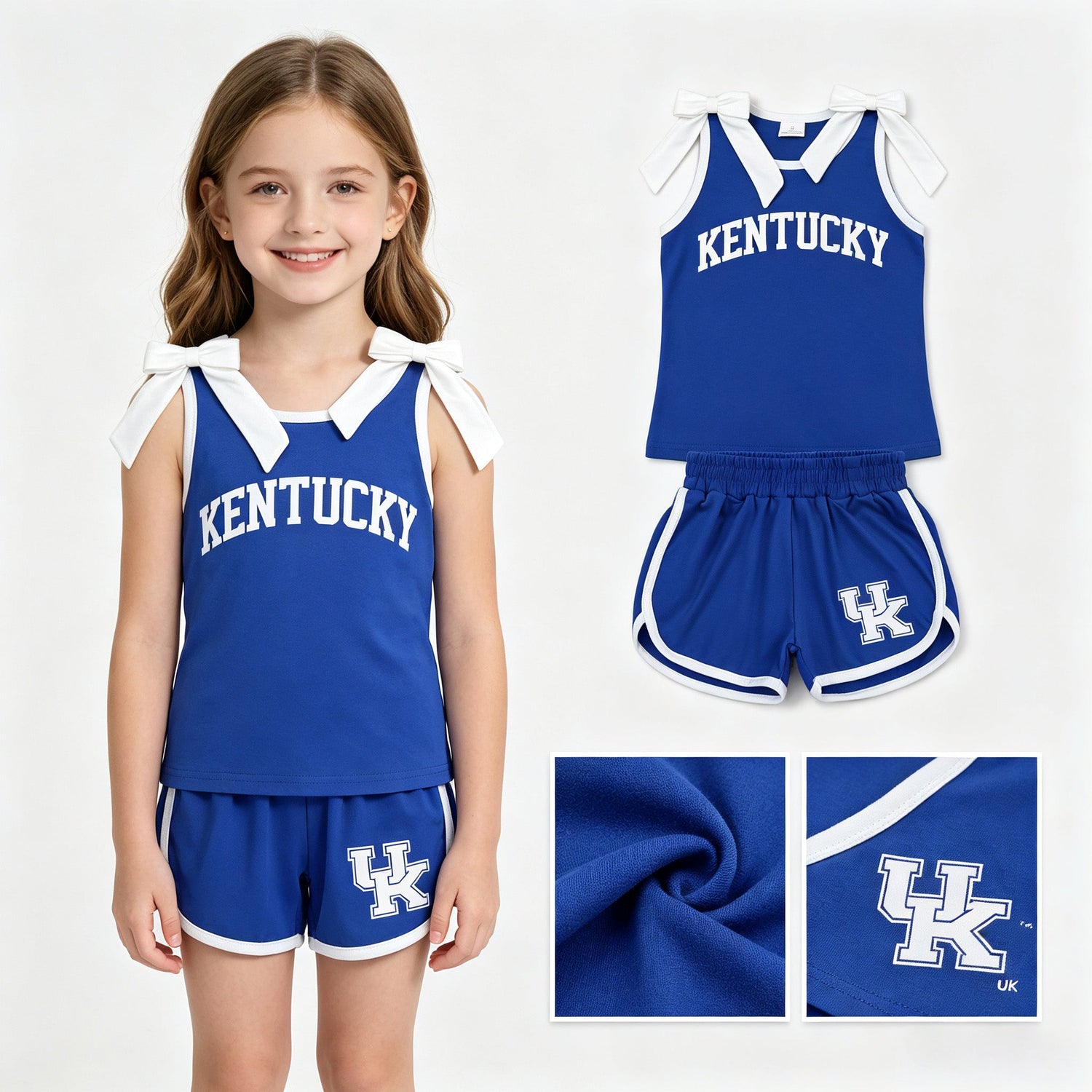 Sleeveless white bow blue top shorts U K team girls outfits