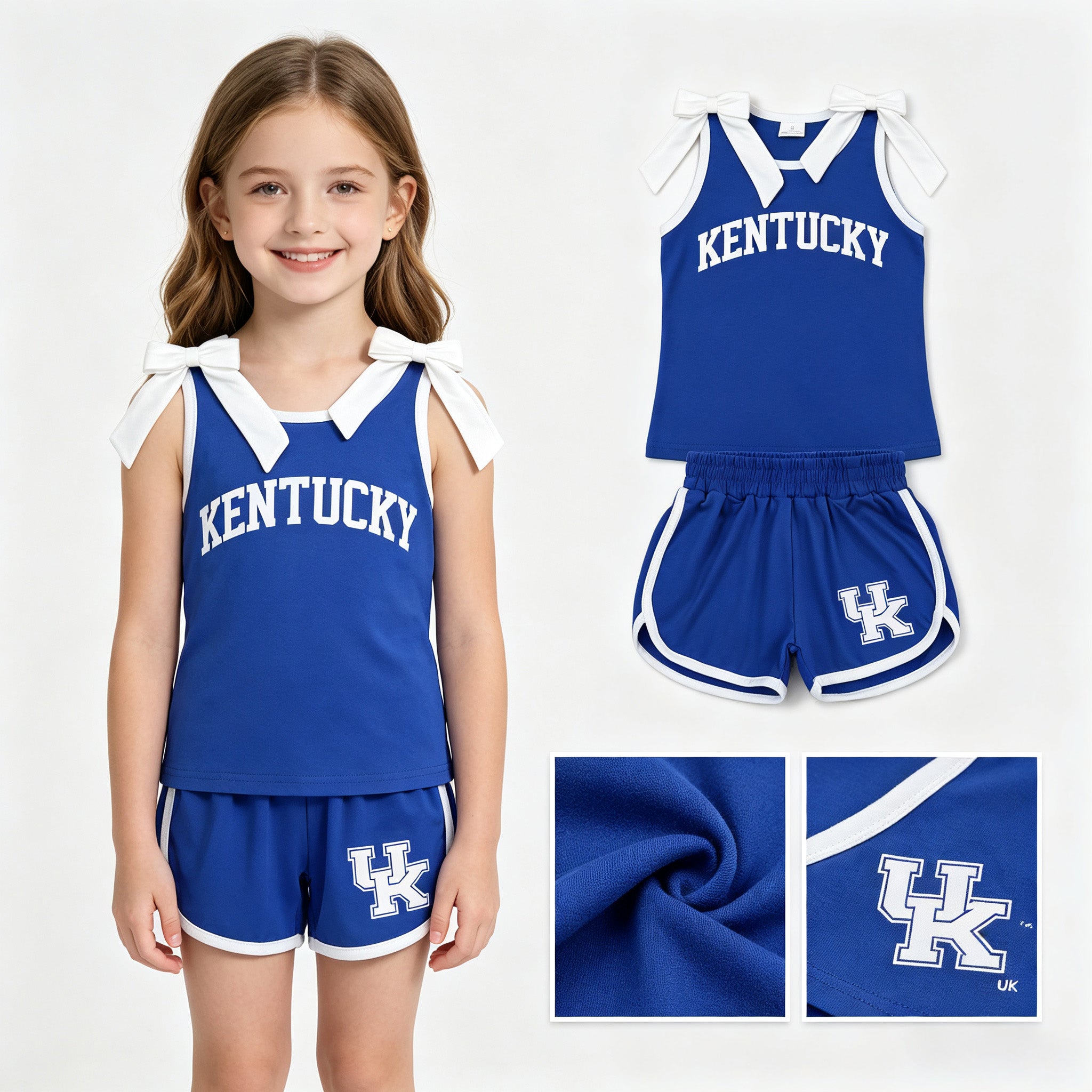 Sleeveless white bow blue top shorts U K team girls outfits