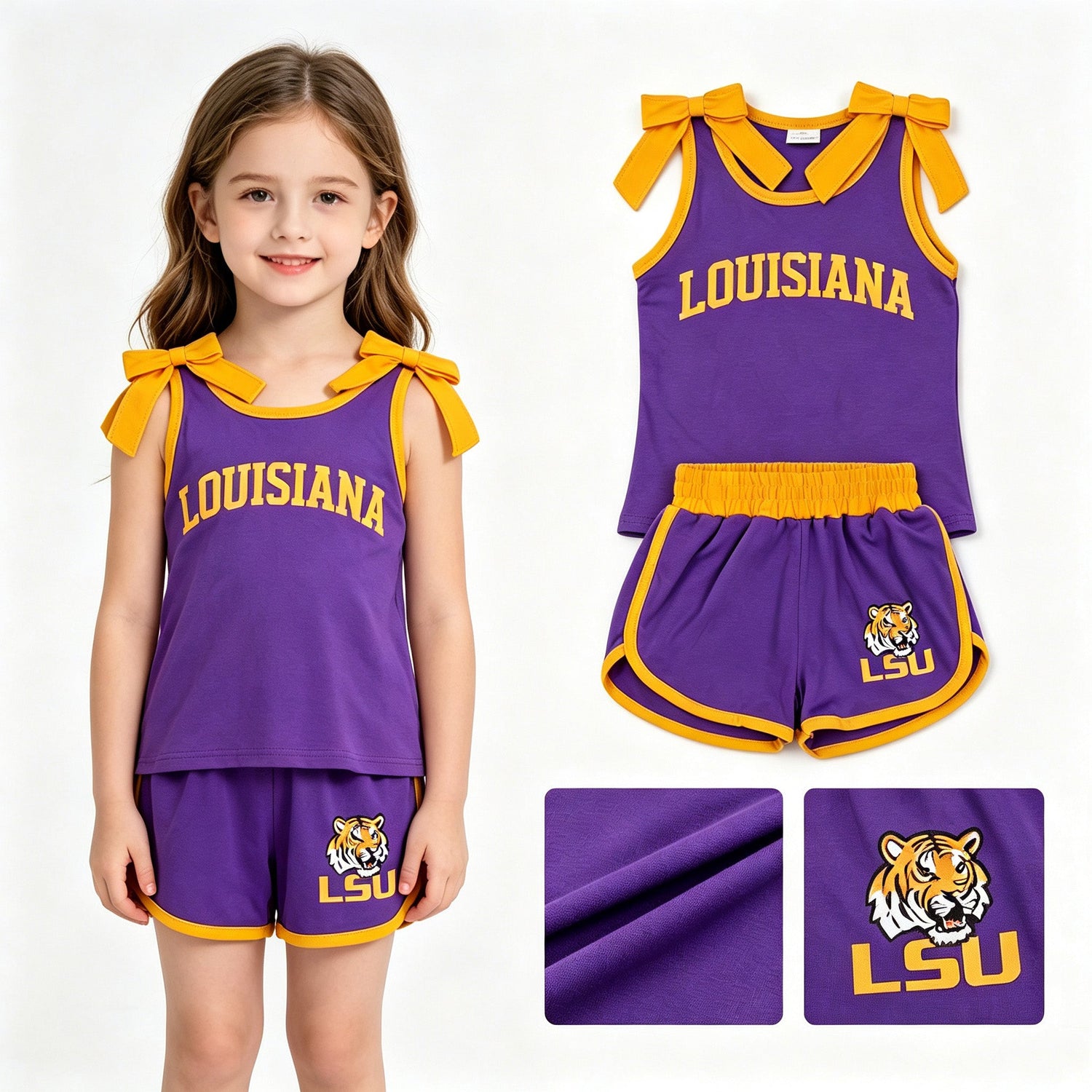 Sleeveless yellow bow purple top shorts tiger team girls outfits