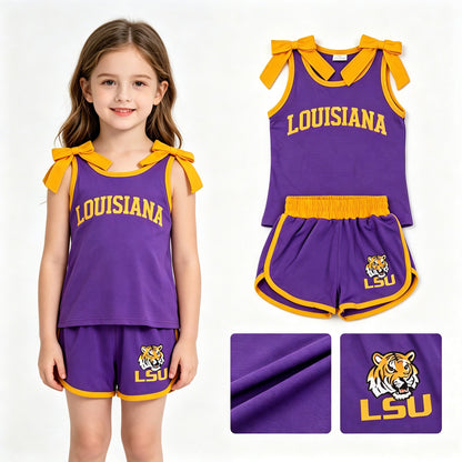 Sleeveless yellow bow purple top shorts tiger team girls outfits