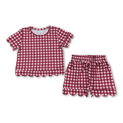 Short sleeves plaid scallop top shorts girls team outfits
