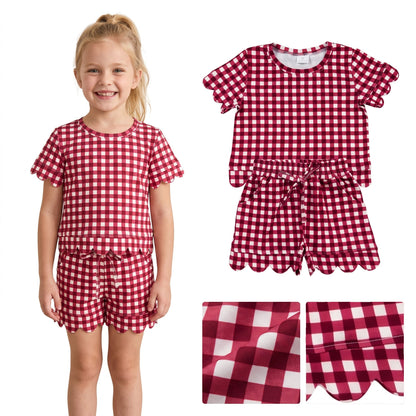 Short sleeves plaid scallop top shorts girls team outfits