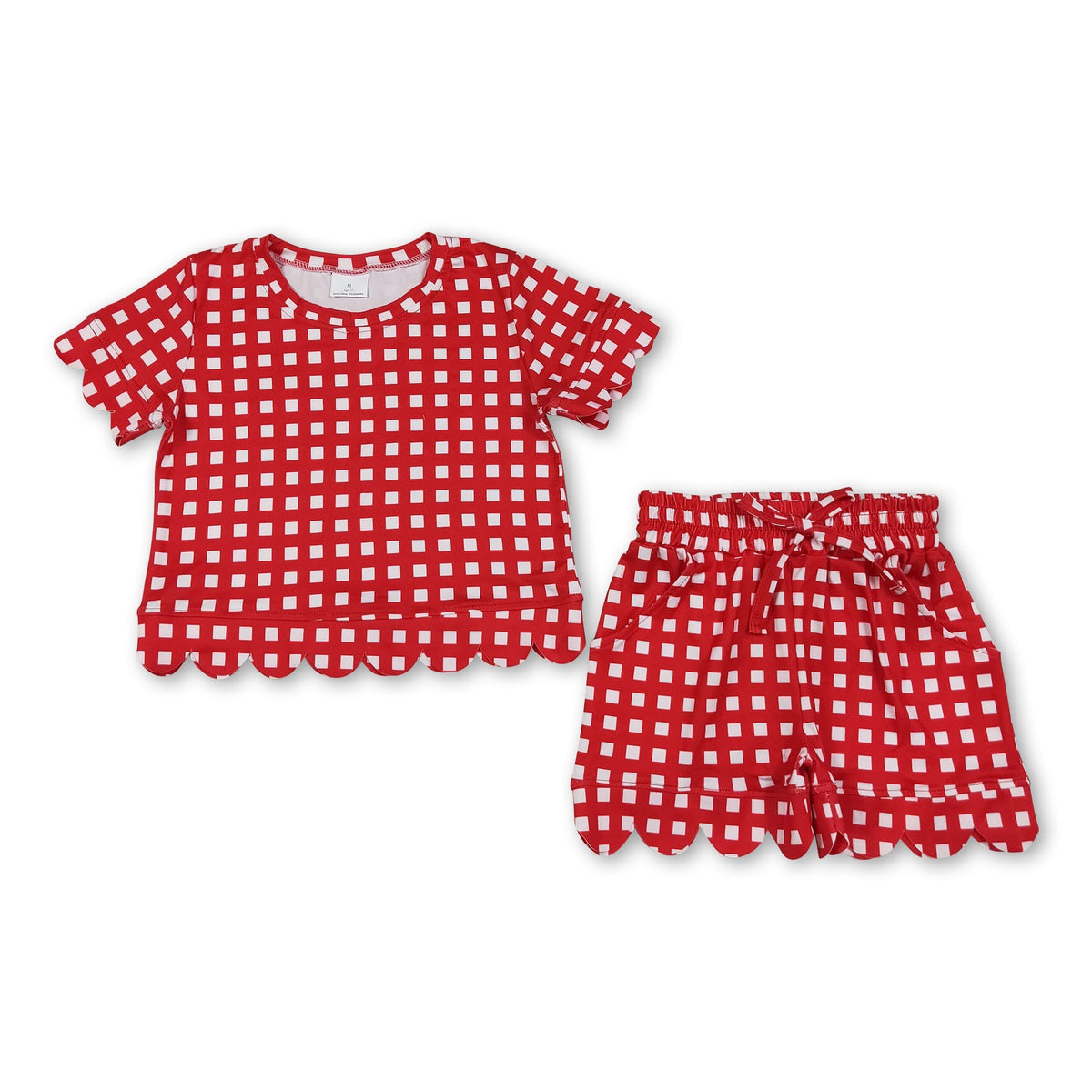 Short sleeves red plaid scallop top shorts girls team outfits