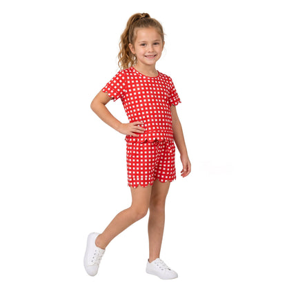 Short sleeves red plaid scallop top shorts girls team outfits