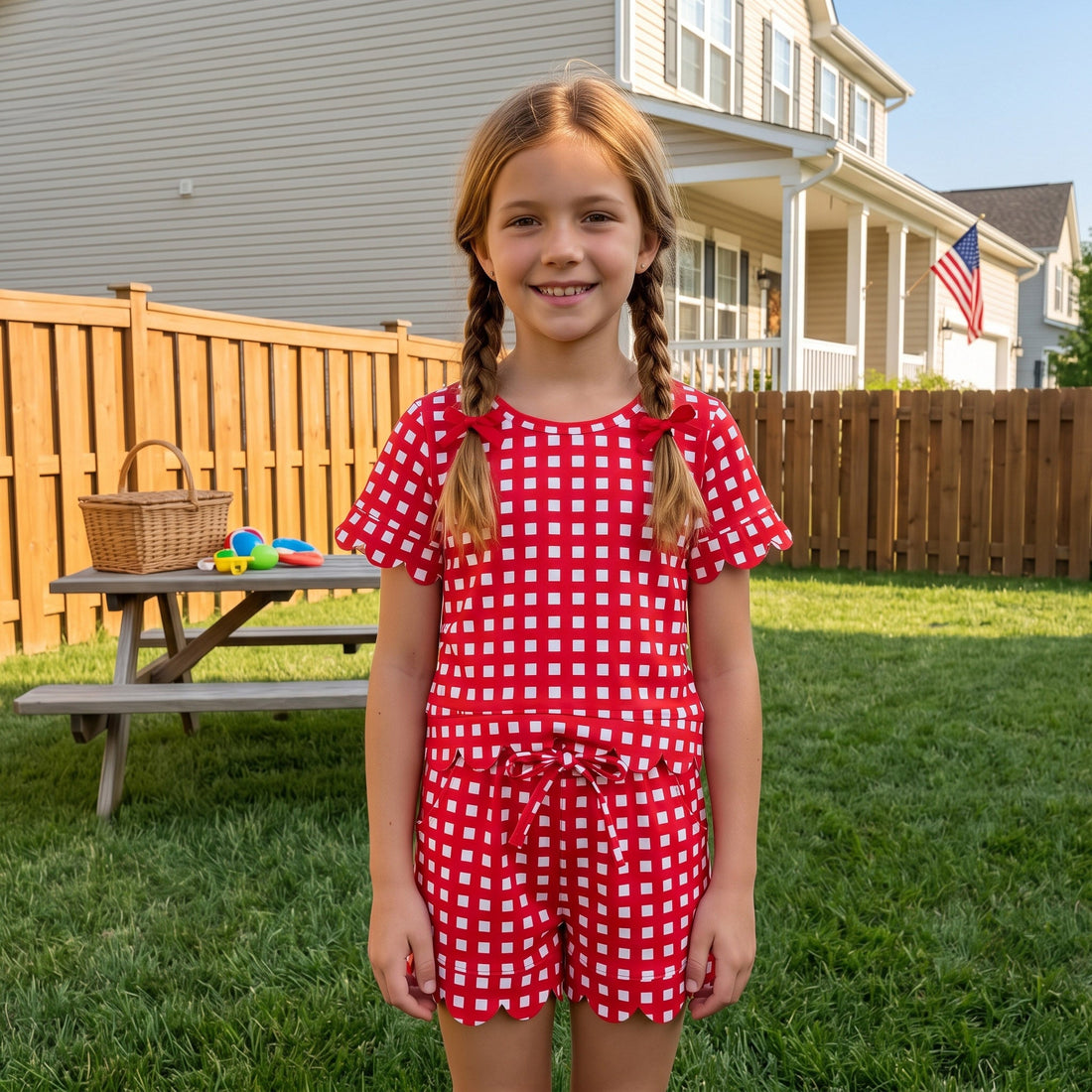 Short sleeves red plaid scallop top shorts girls team outfits