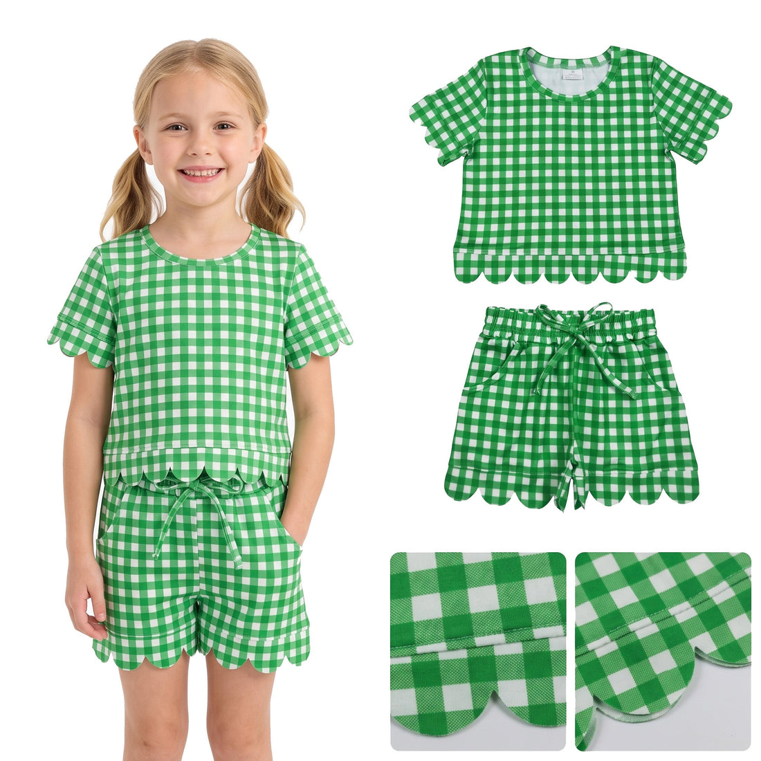 Green plaid girl’s short sleeves top and shorts set by Mini Rodeo, scallop design, perfect for team outfits