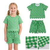 Green plaid girl’s short sleeves top and shorts set by Mini Rodeo, scallop design, perfect for team outfits