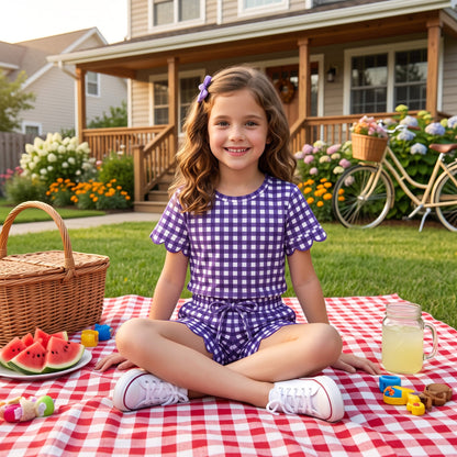 Short sleeves purple plaid scallop top shorts girls team outfits
