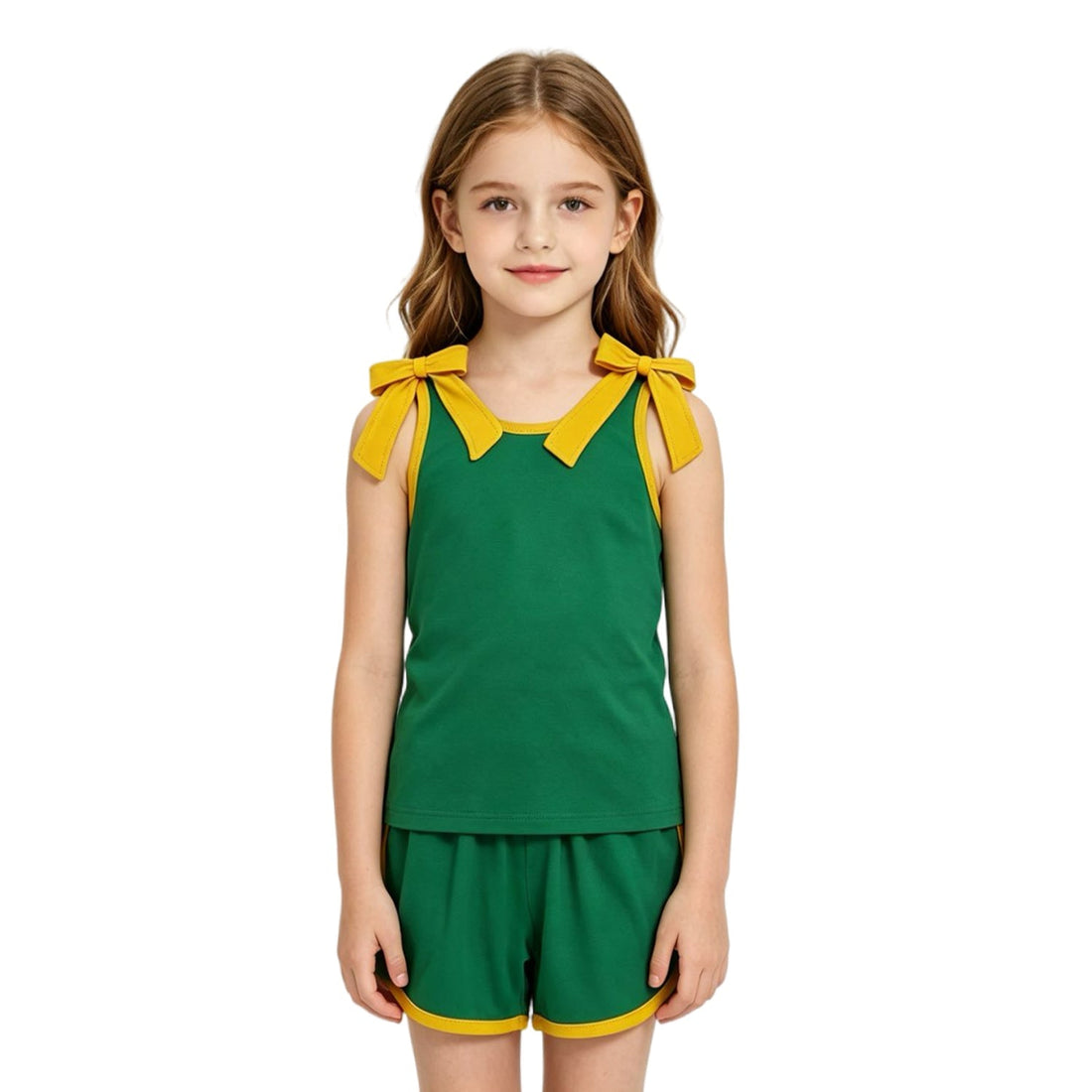 Sleeveless yellow bow green top shorts girls team outfits