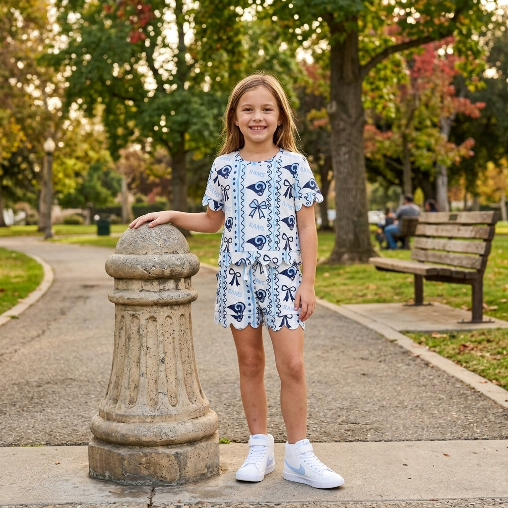 Short sleeves light blue bow rams girls team scallop outfits