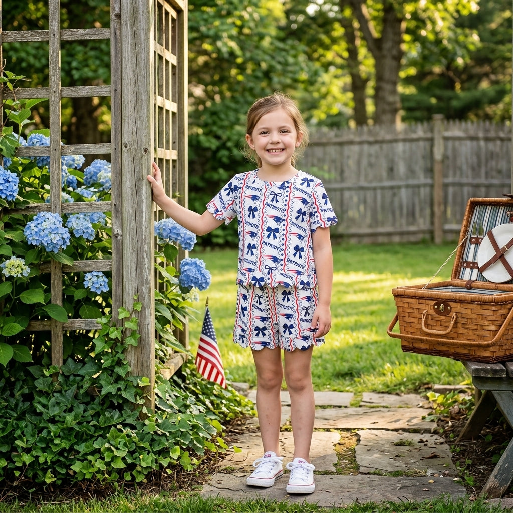 Short sleeves navy bow girls team scallop outfits