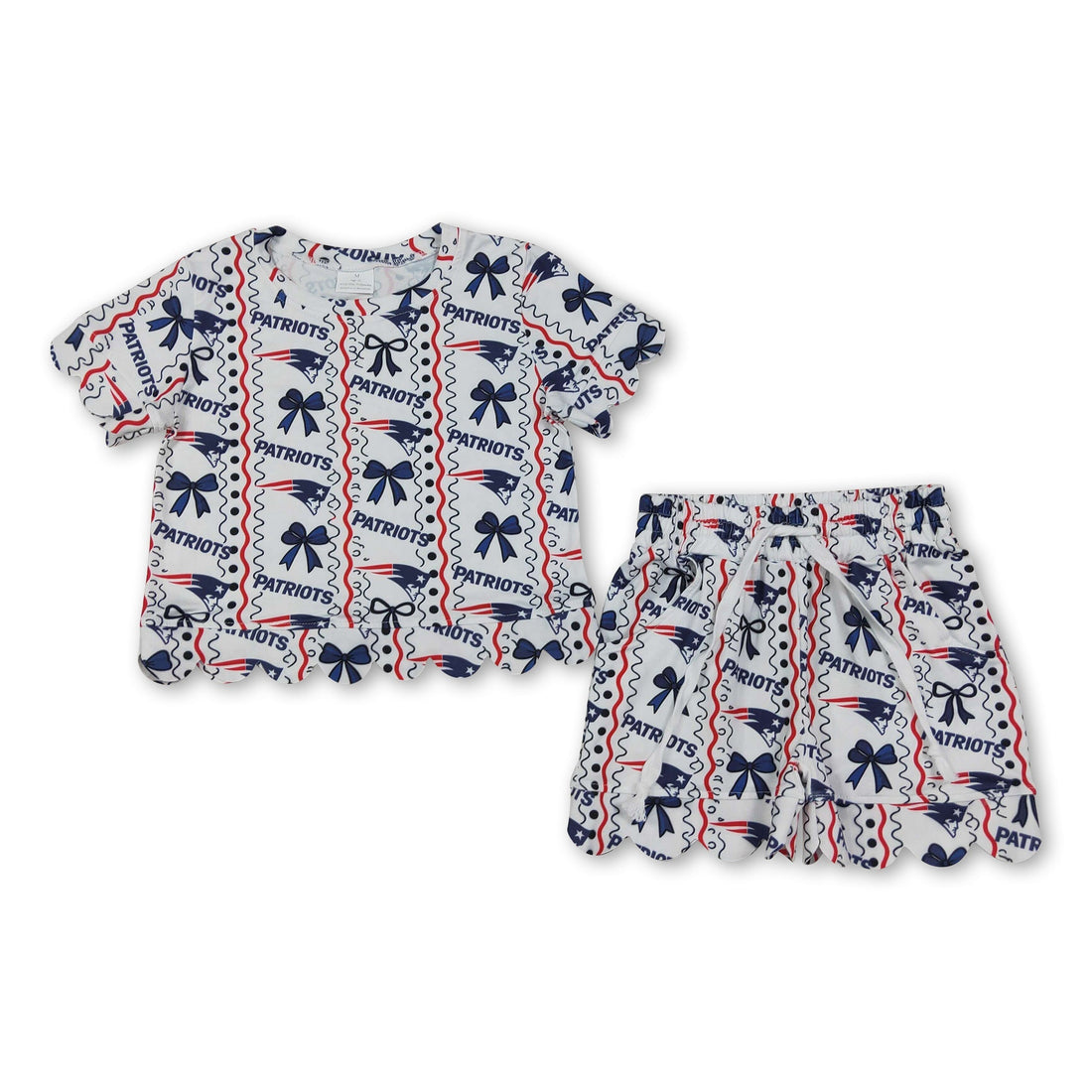 Short sleeves navy bow girls team scallop outfits
