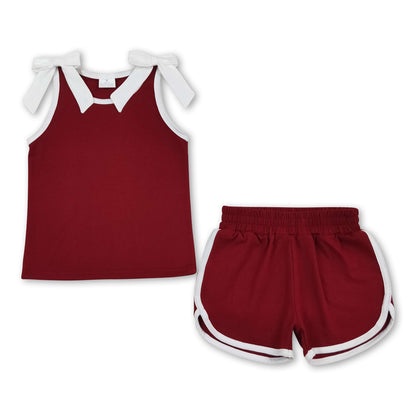 Sleeveless white bow maroon top shorts girls team set