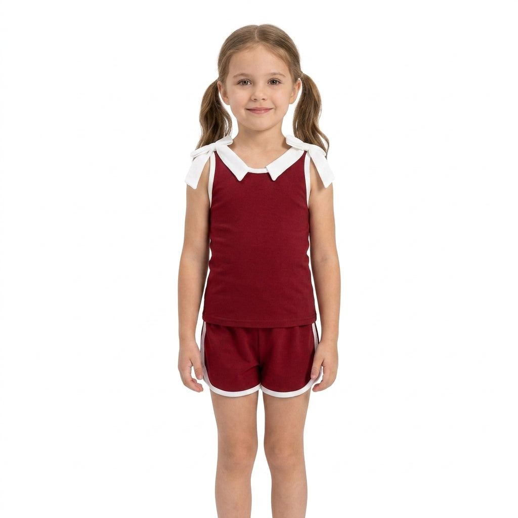 Sleeveless white bow maroon top shorts girls team set