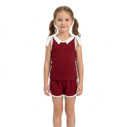 Sleeveless white bow maroon top shorts girls team set