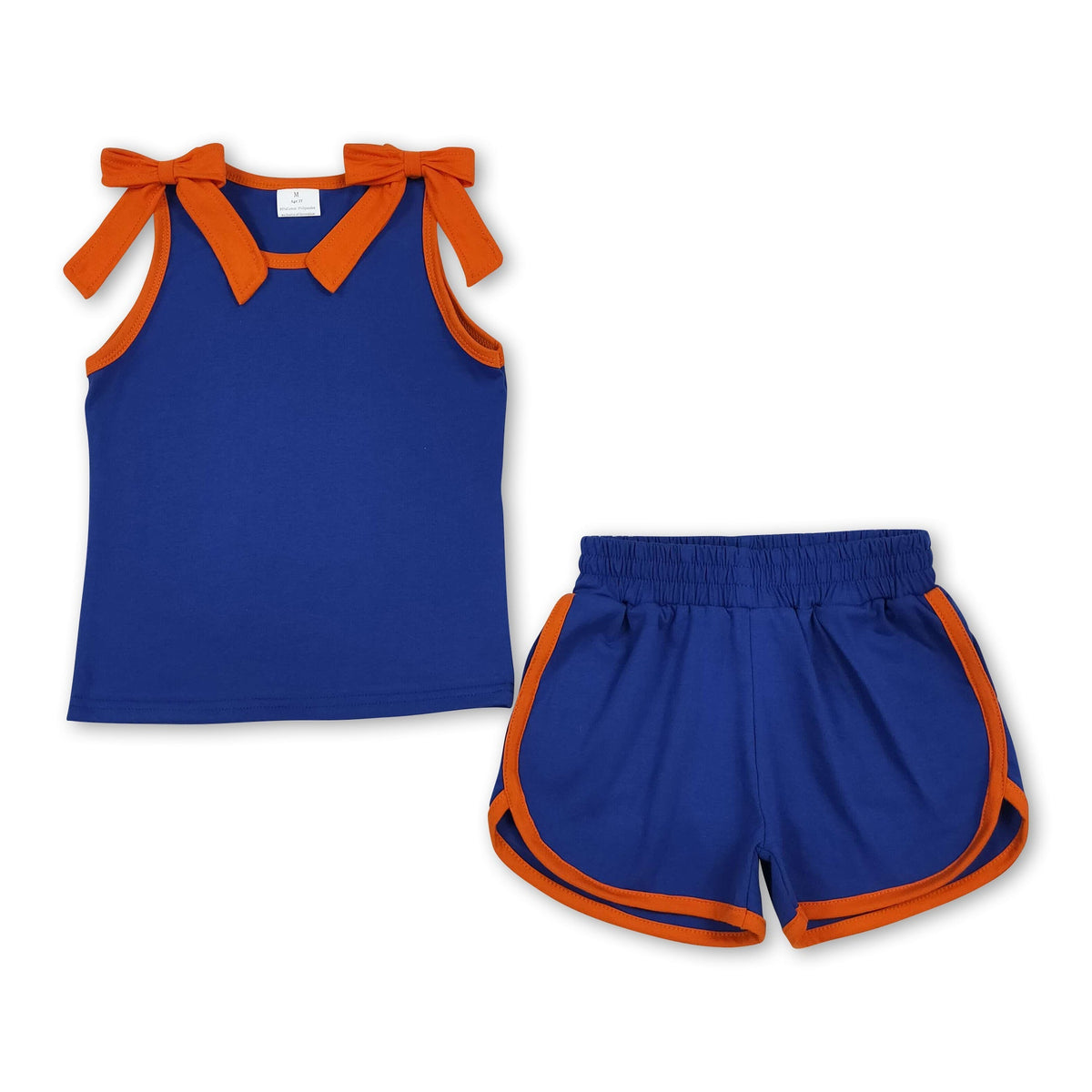 Sleeveless orange bow blue top shorts girls team set
