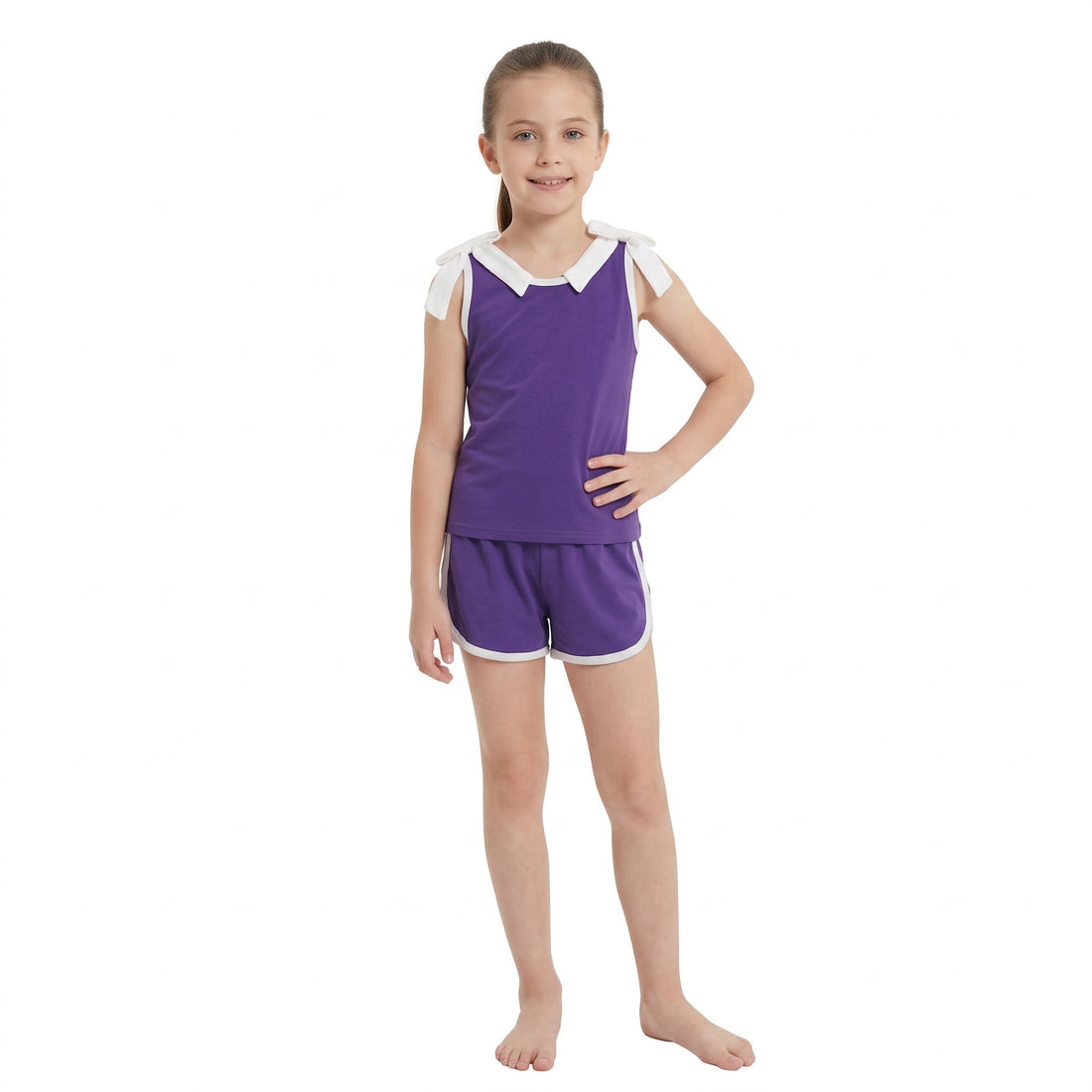 Sleeveless white bow purple top shorts girls team set