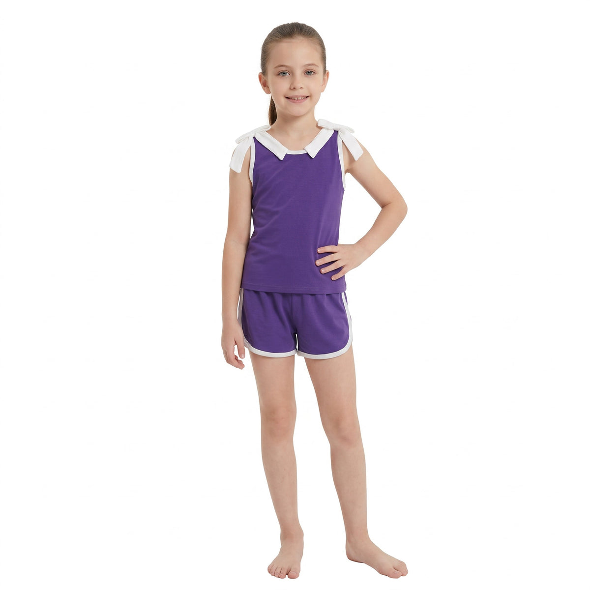 Sleeveless white bow purple top shorts girls team set