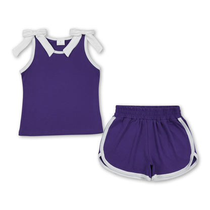 Sleeveless white bow purple top shorts girls team set