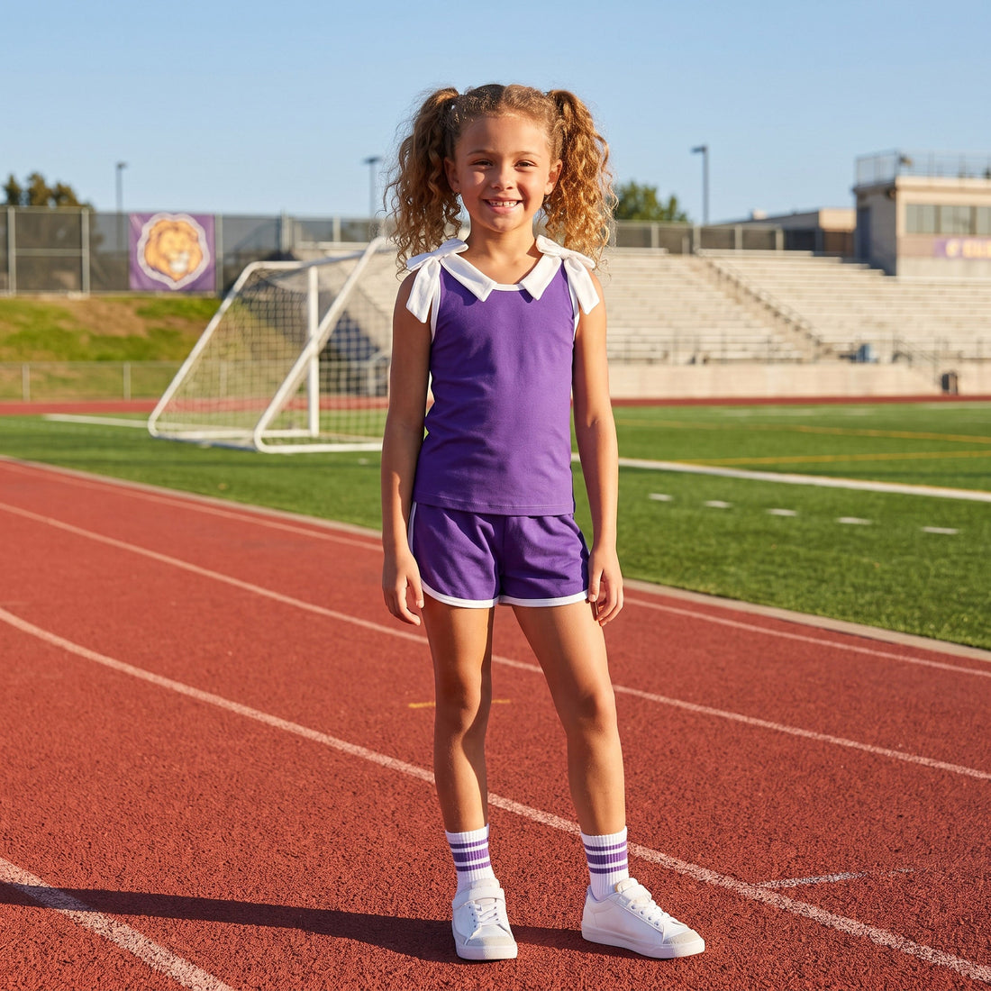 Sleeveless white bow purple top shorts girls team set
