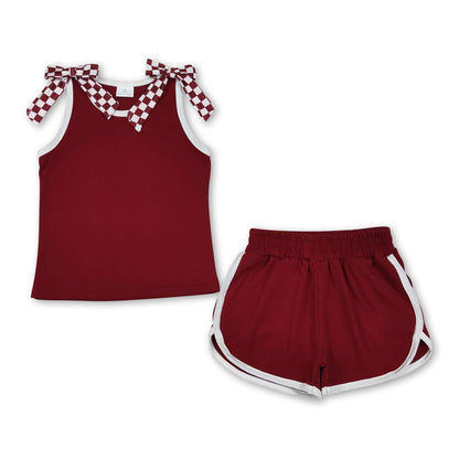 Sleeveless plaid bow maroon top shorts girls team set