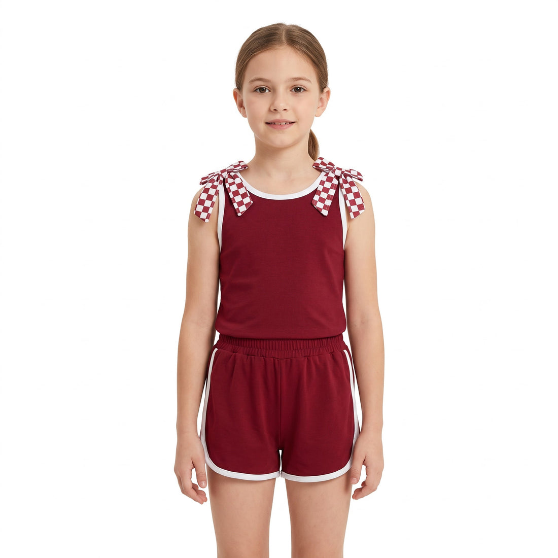 Sleeveless plaid bow maroon top shorts girls team set