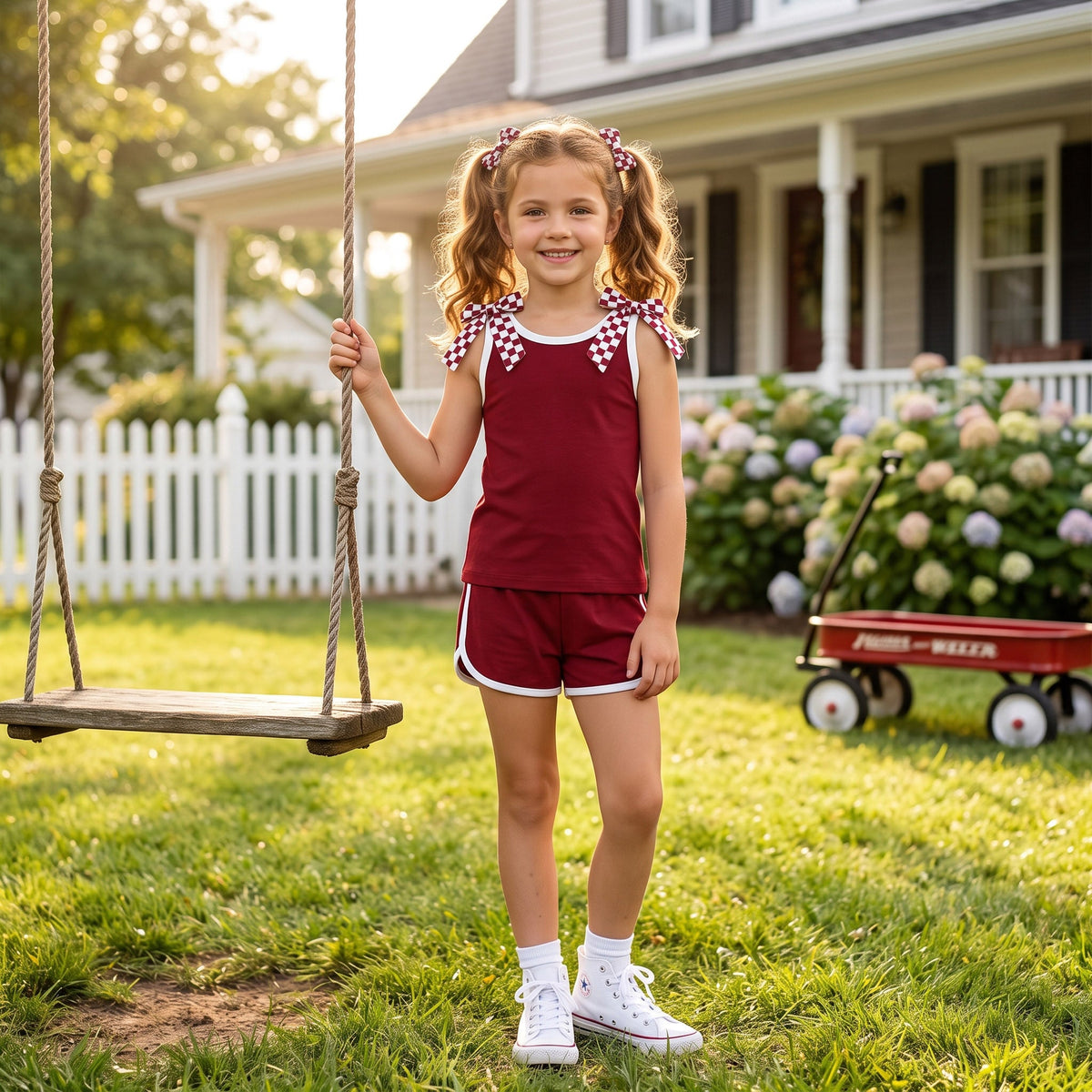 Sleeveless plaid bow maroon top shorts girls team set