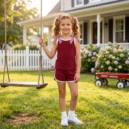 Sleeveless plaid bow maroon top shorts girls team set