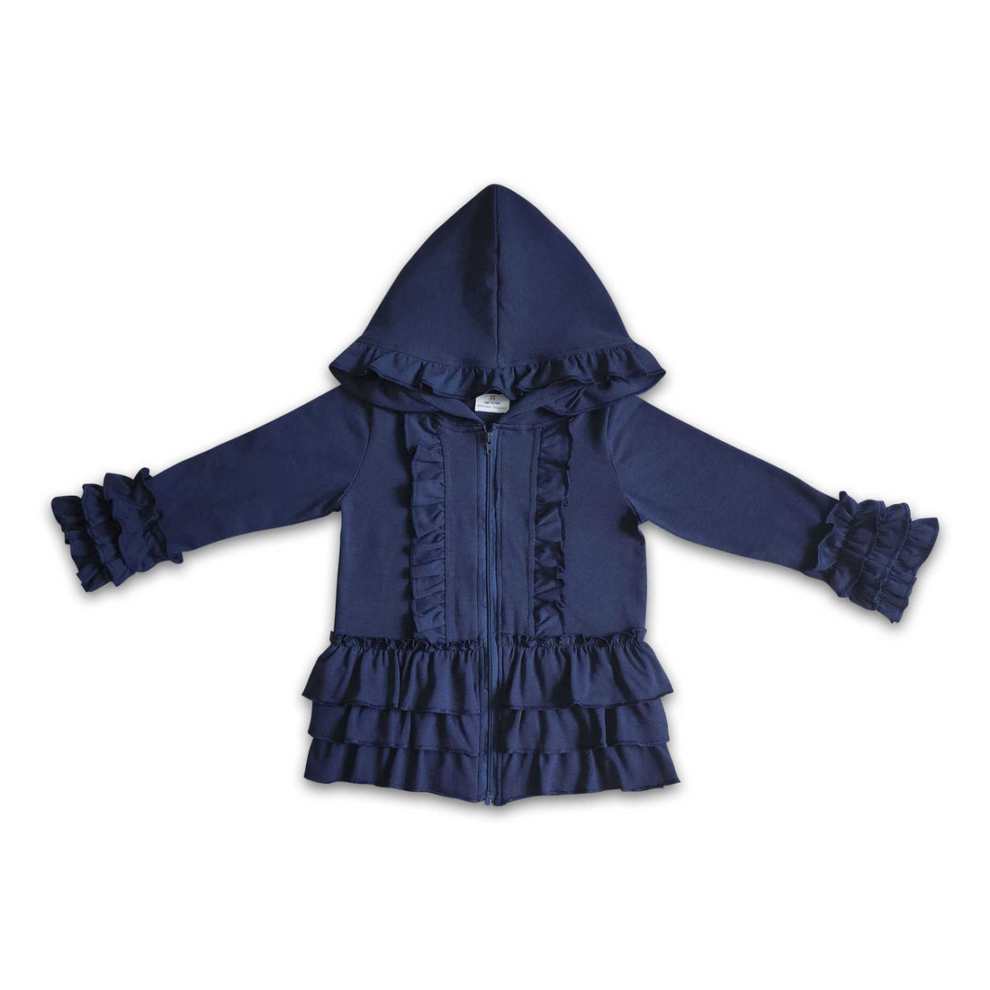 Solid blue zipper jacket girls ruffle hoodie cardigan