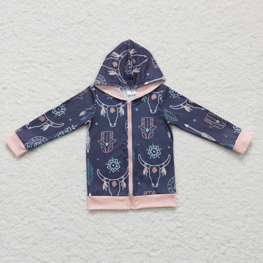 Bull skull feather zipper hoodie girls western jacket