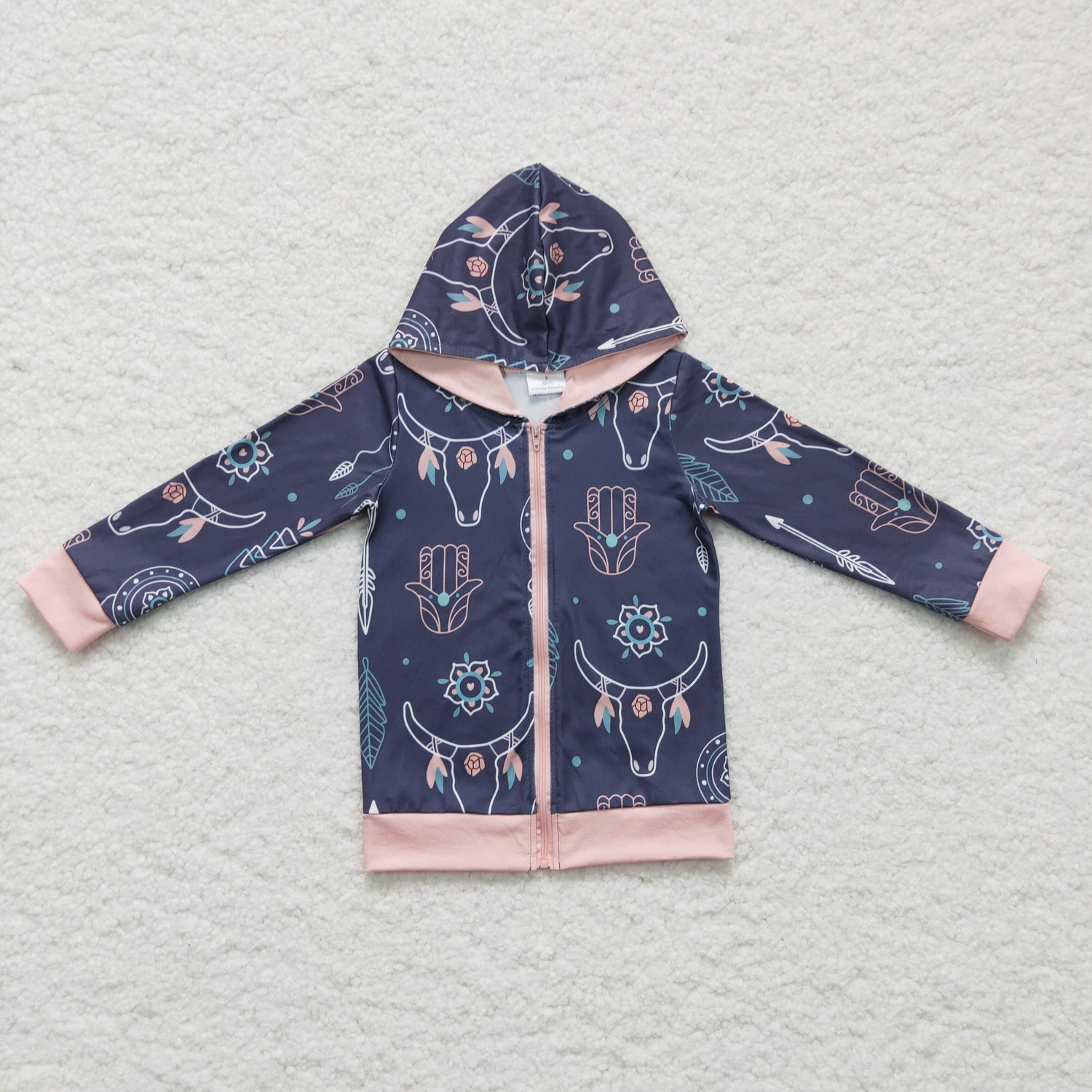 Bull skull feather zipper hoodie girls western jacket