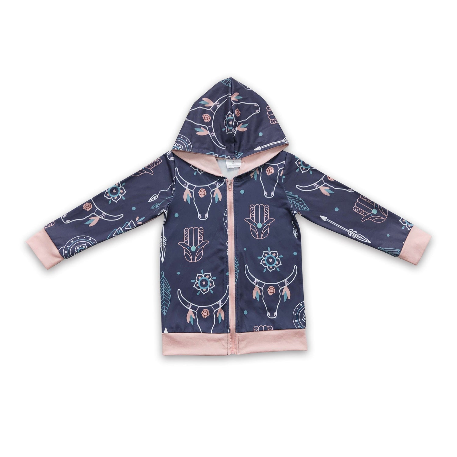 Bull skull feather zipper hoodie girls western jacket