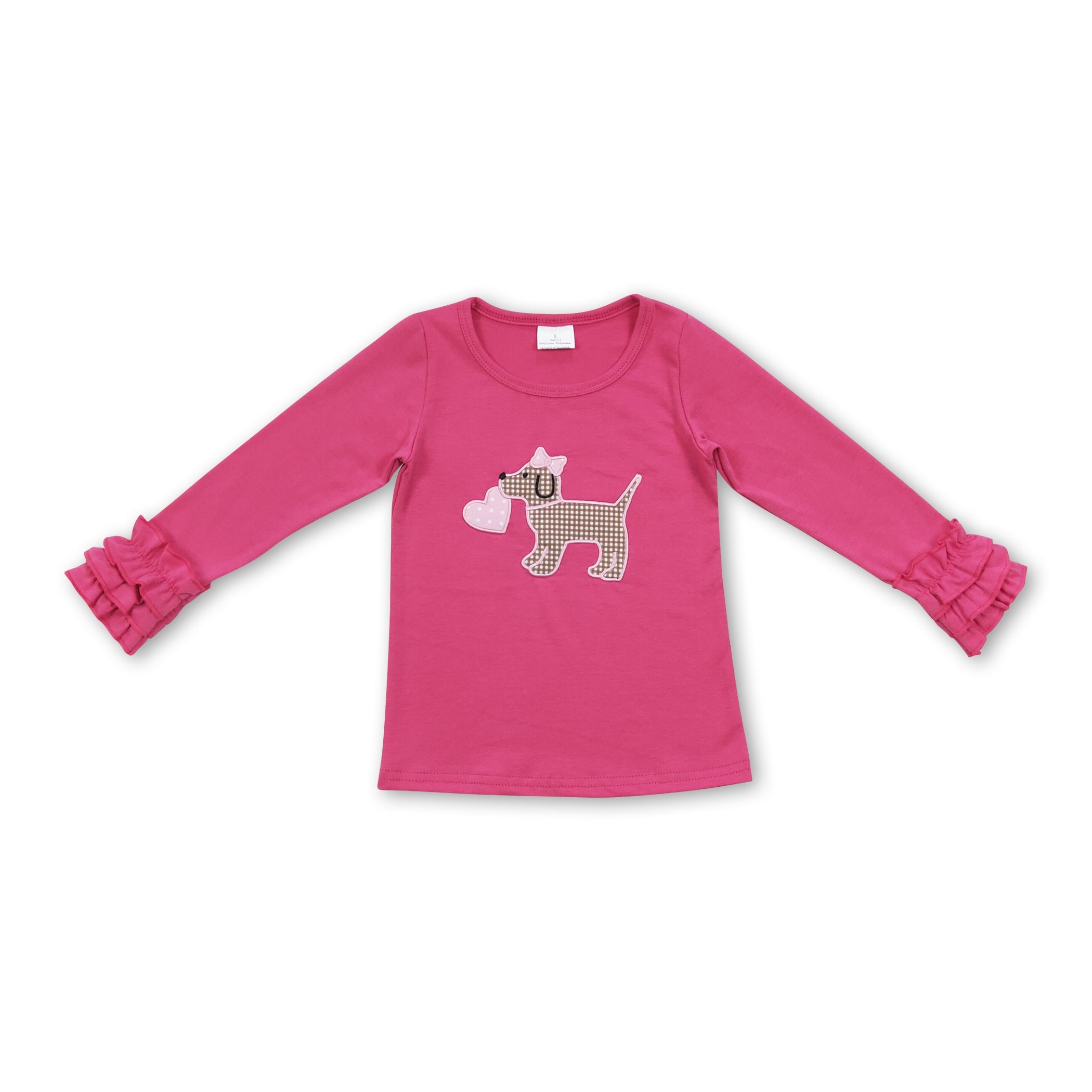 Hot pink ruffle sleeves dog heart girls valentine&