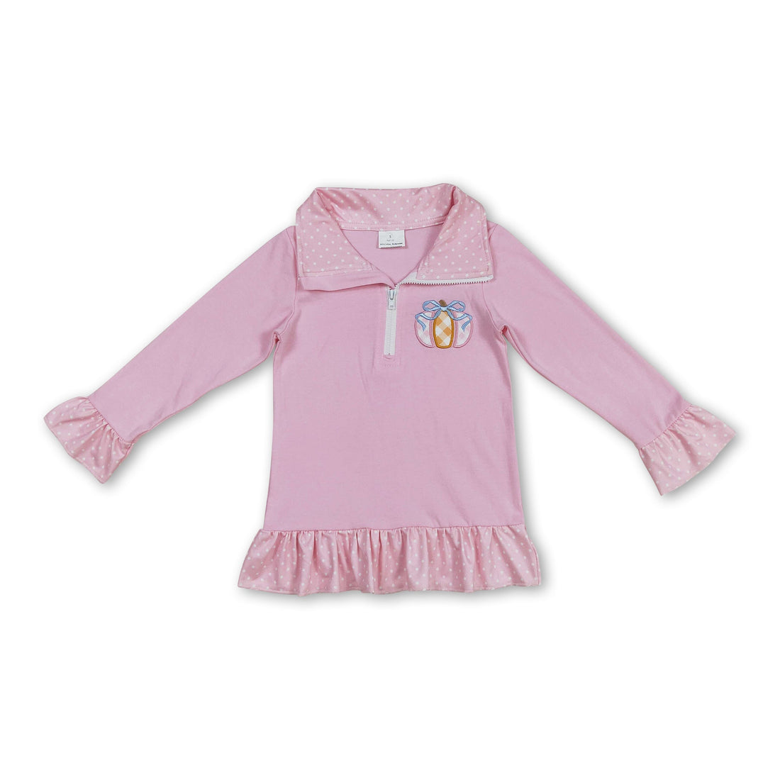 Pink polka dots pumpkin bow ruffle kids girls zip pullover