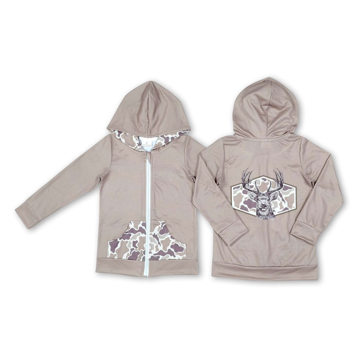 Long sleeves pocket deer camo girls hooded jacket