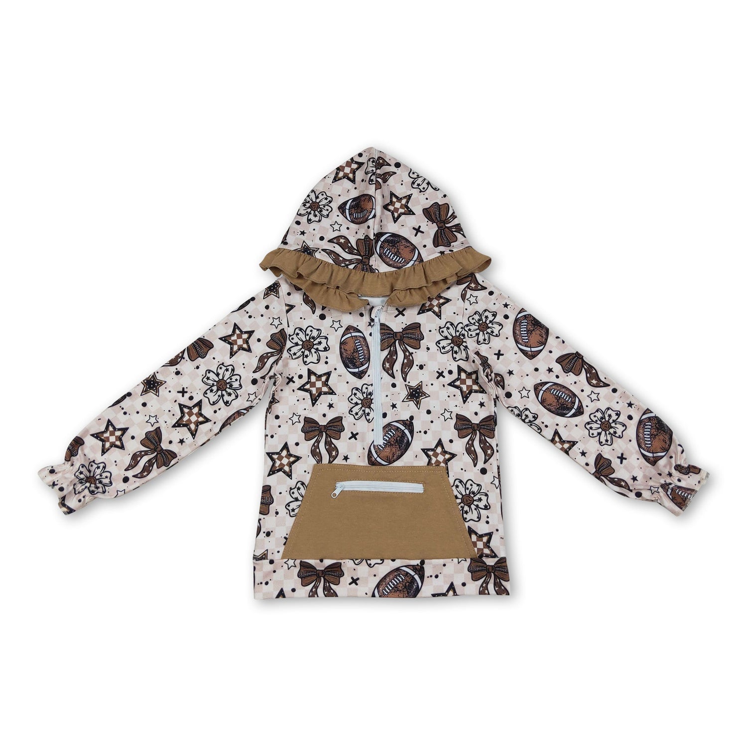 Long sleeves football bow floral kids girls zipper hoodie