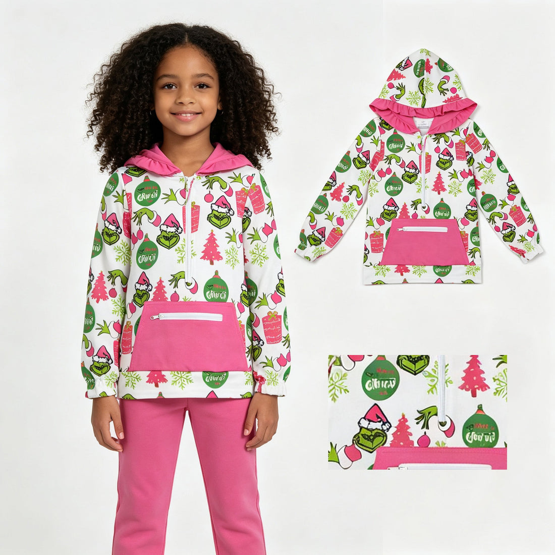 Pink pocket gift green face girls Christmas zipper hoodie