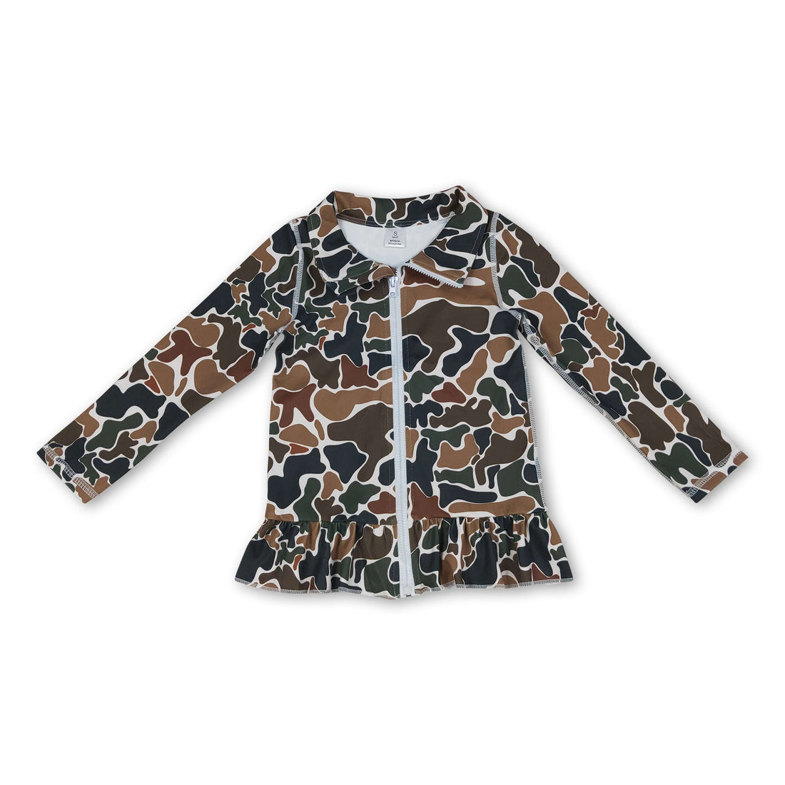 Girls long sleeves brown camo ruffle zipper yoga top by Mini Rodeo, featuring ruffle details and a front zipper.