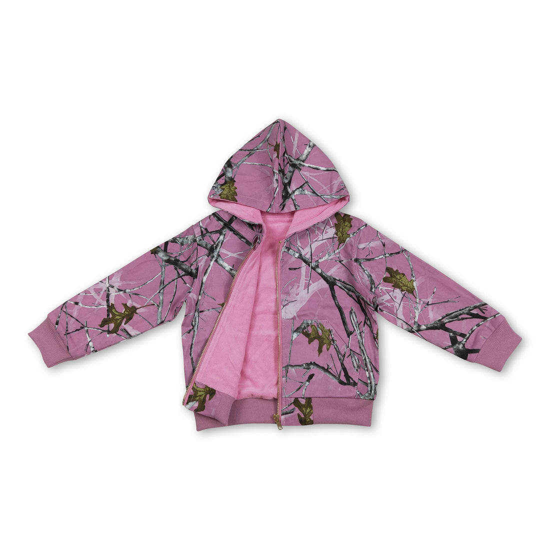 Pink camo long-sleeve hooded jacket for girls by Mini Rodeo, winter kids&