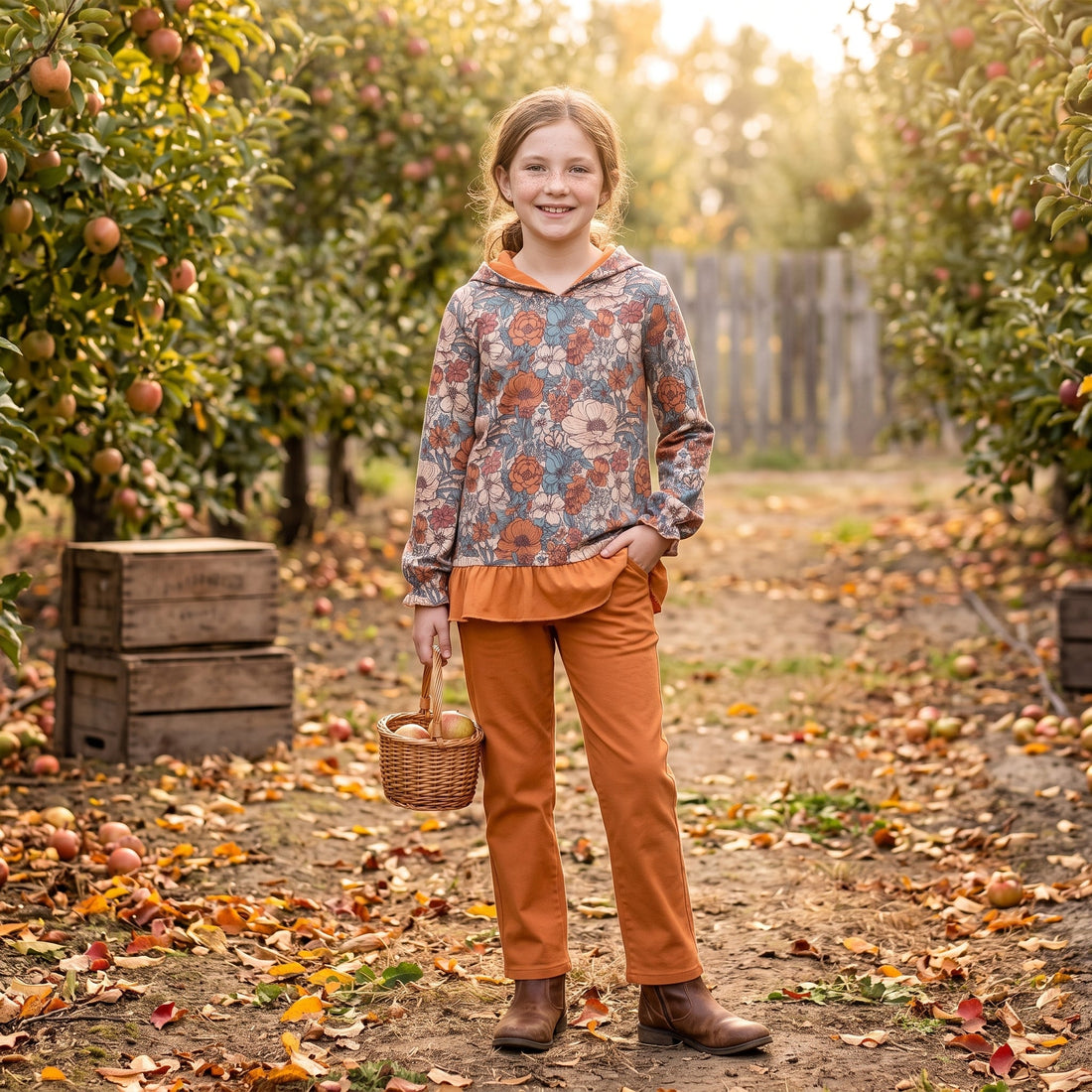 Long sleeves orange ruffle floral girls fall hoodie